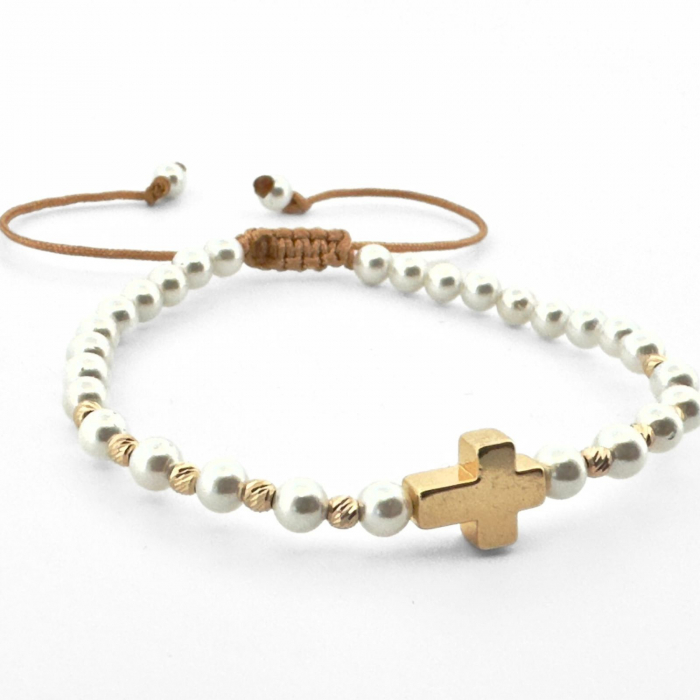 Brățară cu Biluțe de Aur 14K, Perle Mallorca 4mm și Cruce Hematit Aurie – Șnur Reglabil, Cadou Femei [2]