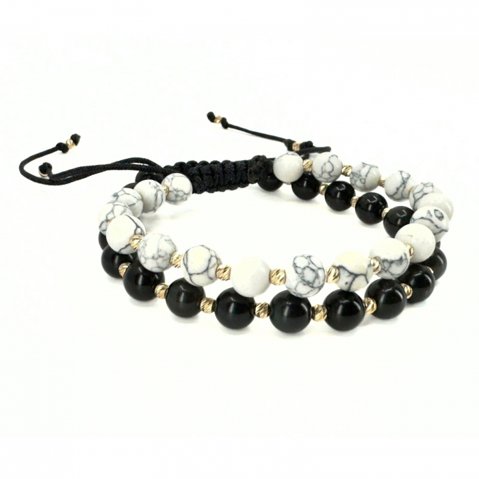 Set Brățări cu Bile de Aur 14K, Pietre Naturale Onix și Howlit 6mm, Șnur Reglabil [2]