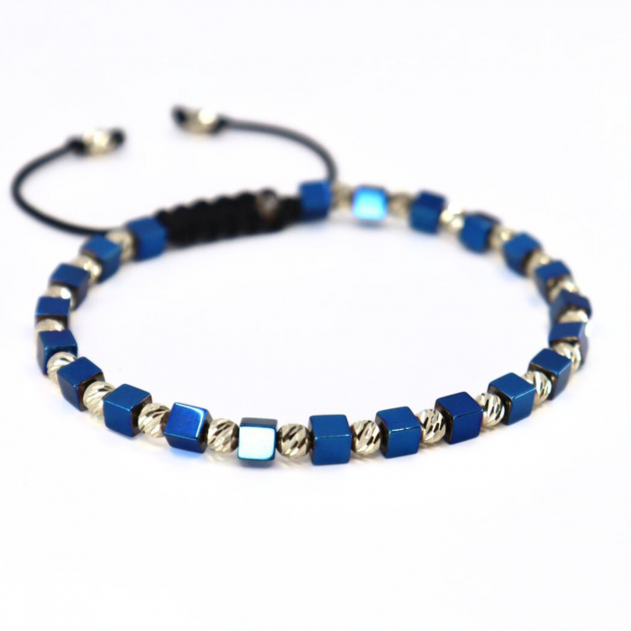 Set Brățări cu Bile de Aur Alb 14K 4mm, Hematit Albastru și Șnur Reglabil [6]