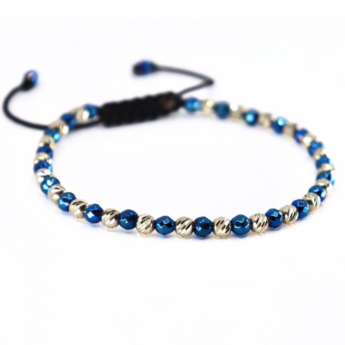 Set Brățări cu Bile de Aur Alb 14K 4mm, Hematit Albastru și Șnur Reglabil [5]