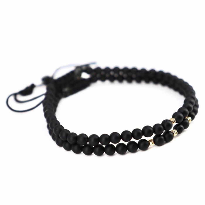 Set Brățări cu Bile din Aur 14K, Pietre Naturale Onix 4mm, Șnur Reglabil [2]