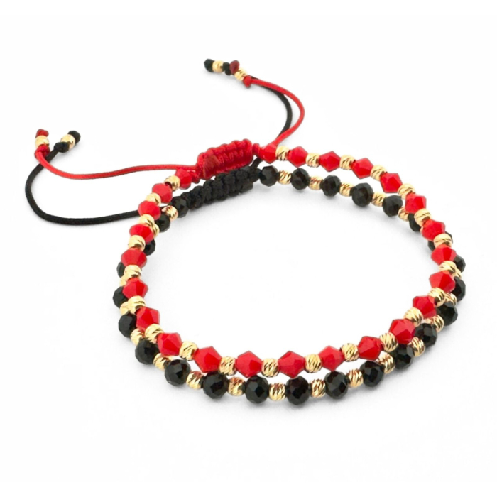 Set Brățări cu Biluțe de Argint Placate cu Aur 18K, Cristale Negre și Roșii - Șnur Reglabil [2]
