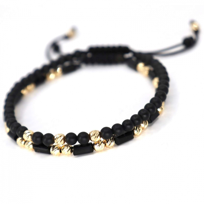 Set Brățări cu Biluțe de Aur 14K 4mm, Onix & Cristale Sticlă. șnur împletit [3]