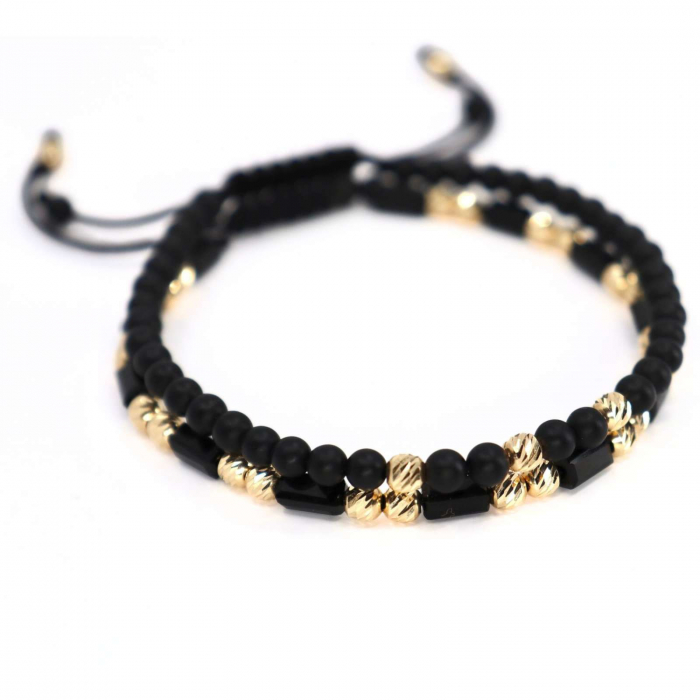 Set Brățări cu Biluțe de Aur 14K 4mm, Onix & Cristale Sticlă. șnur împletit [2]