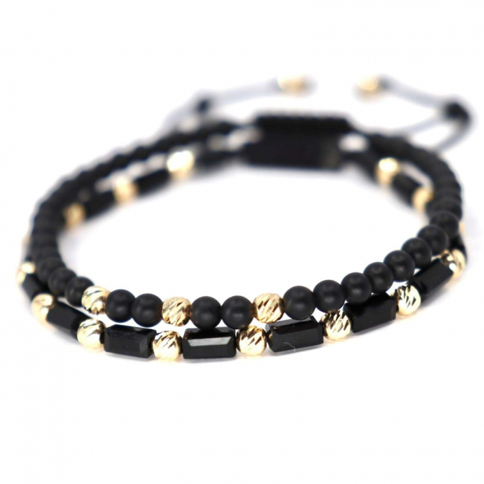 Set Brățări cu Biluțe de Aur 14K 4mm, Onix & Cristale Sticlă. șnur reglabil [3]
