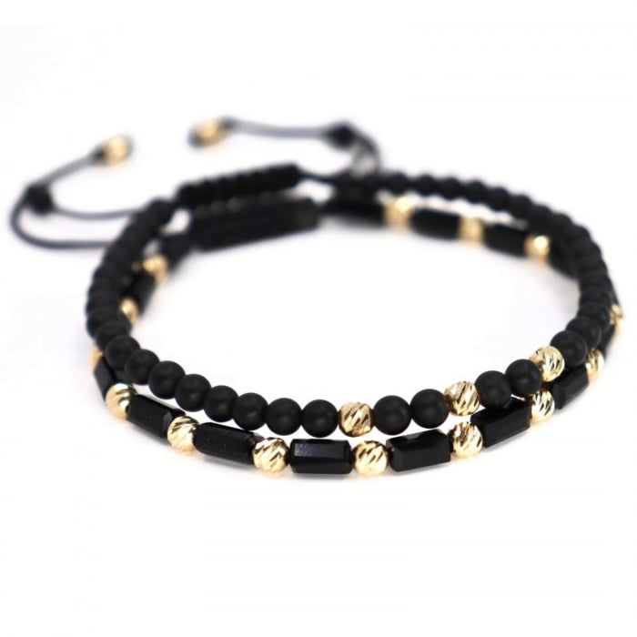 Set Brățări cu Biluțe de Aur 14K 4mm, Onix & Cristale Sticlă. șnur reglabil [2]