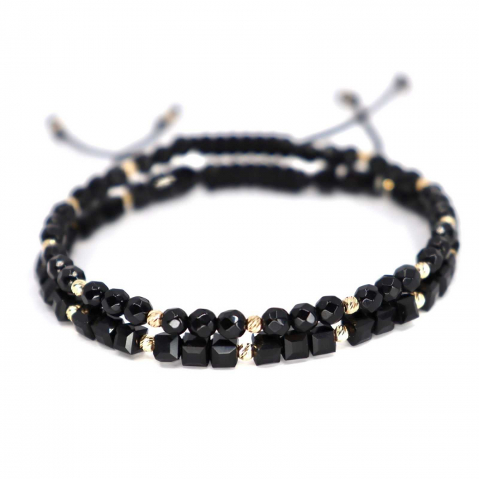 Set brățări cu biluțe de  Aur 14K, Cristale Sticlă și Onix fațetat, șnur reglabil [3]