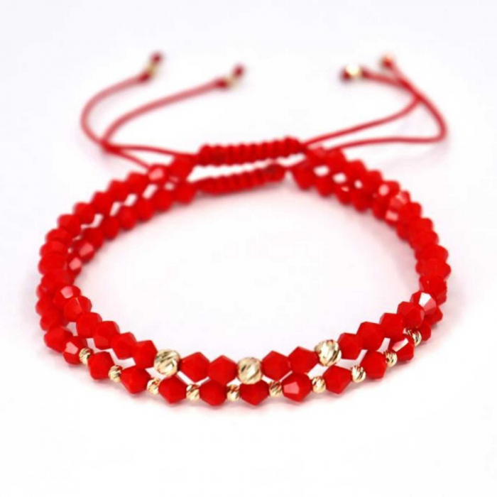 Set brățări cu biluțe de  Aur 14K, Cristale Sticlă, șnur roșu reglabil [3]
