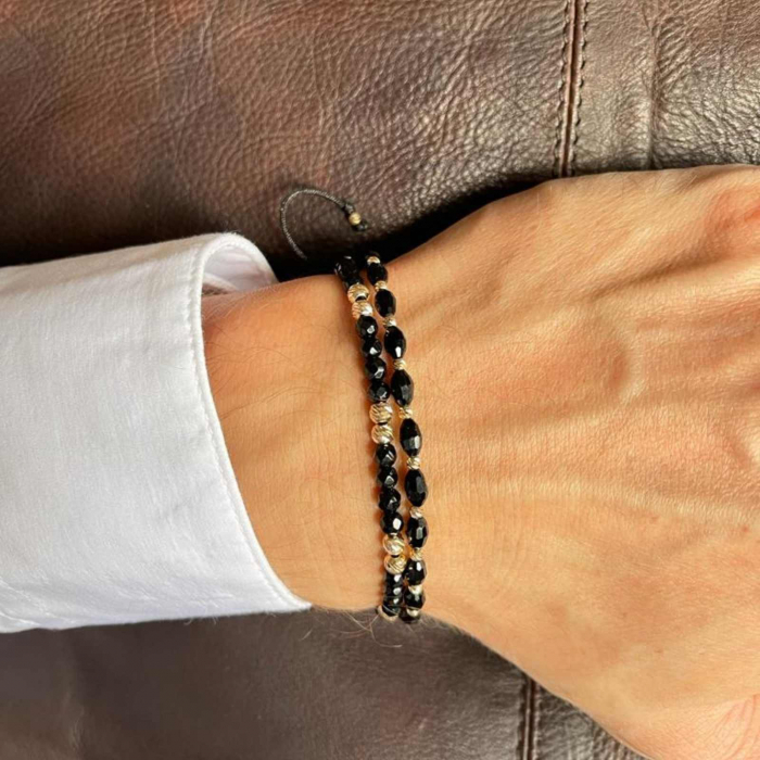 Set brățări cu biluțe de  Aur 14K, Onix fațetat și Cristale, șnur ajustabil [2]