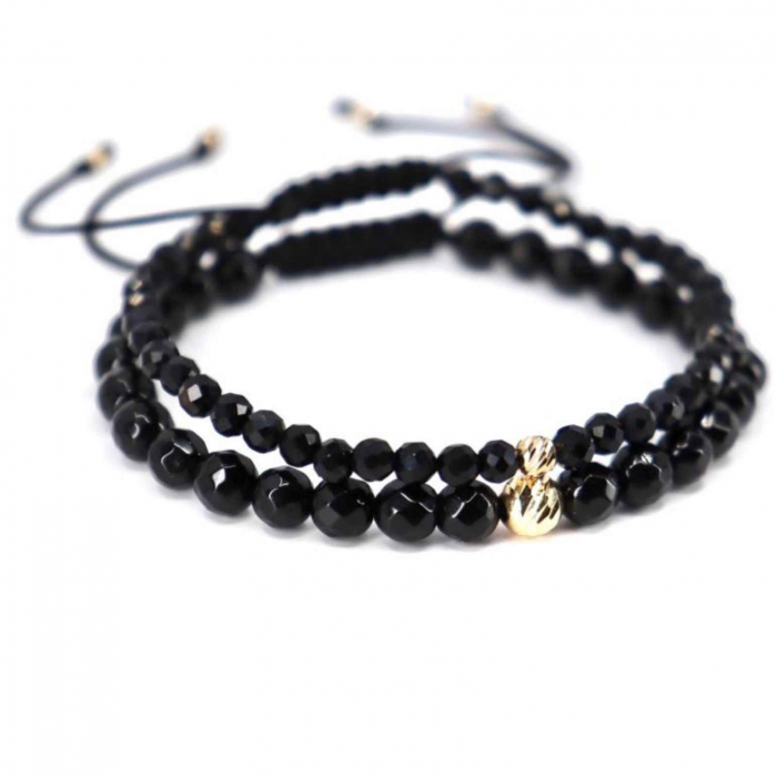 Set brățări cu bilute de  Aur 14K, Onix negru fațetat, șnur reglabil [2]