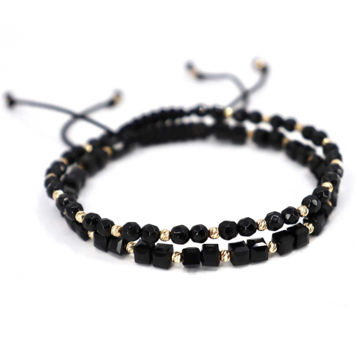 Set brățări cu biluțe de  Aur 14K, Onix si Cristale Sticla cuburi, șnur reglabil [3]