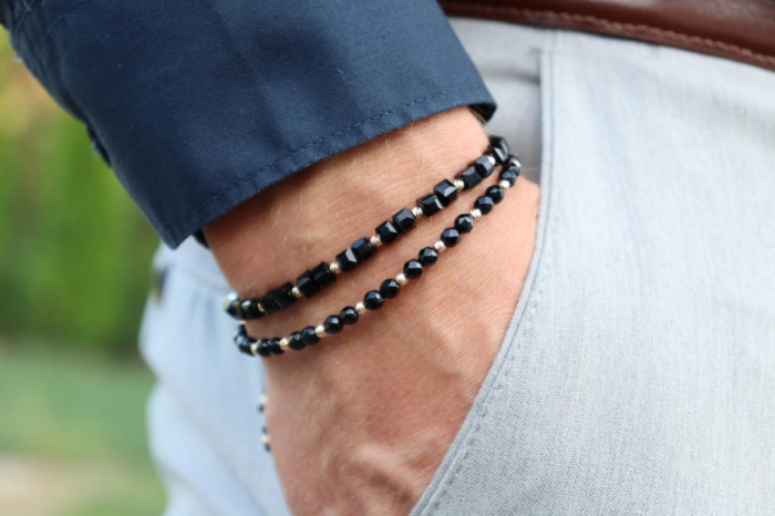 Set brățări cu biluțe de  Aur 14K, Onix si Cristale Sticla cuburi, șnur reglabil [2]
