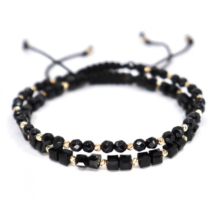 Set brățări cu biluțe de  Aur 14K, Onix si Cristale Sticla cuburi, șnur reglabil [4]