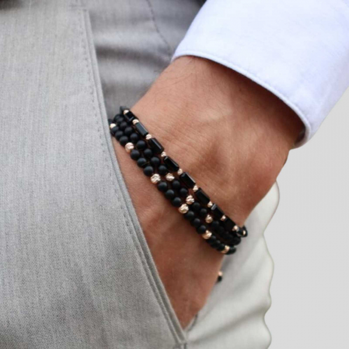 Set bratari cu bilute de  Aur 14K, Onix si Cristale Sticla, snur reglabil [6]