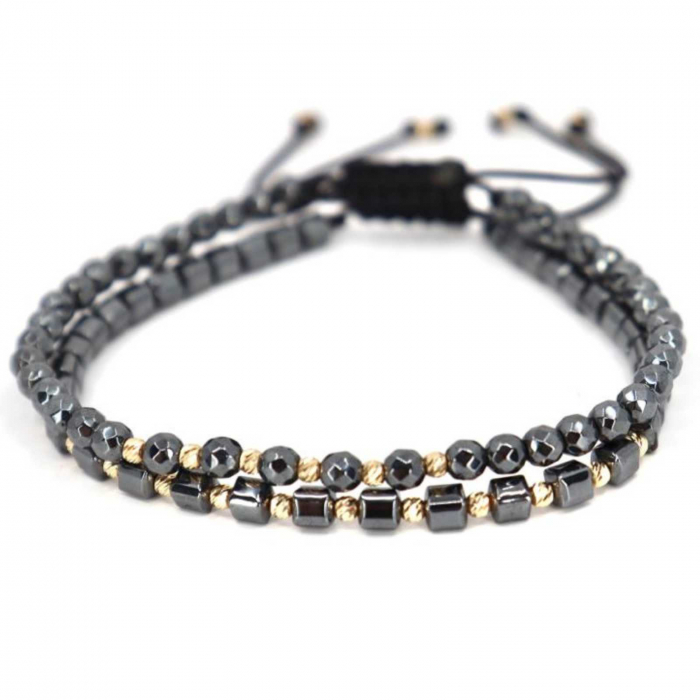 Set brățări cu biluțe de aur 14K, pietre Hematit Gri, șnur ajustabil [4]