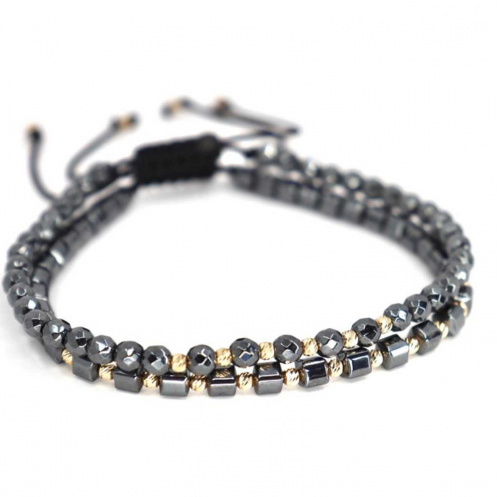 Set brățări cu biluțe de aur 14K, pietre Hematit Gri, șnur ajustabil [5]