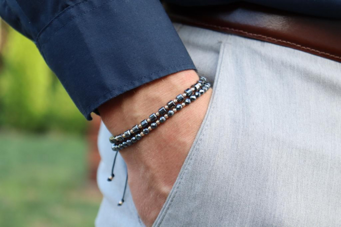 Set brățări cu biluțe de aur 14K, pietre Hematit Gri, șnur ajustabil [3]