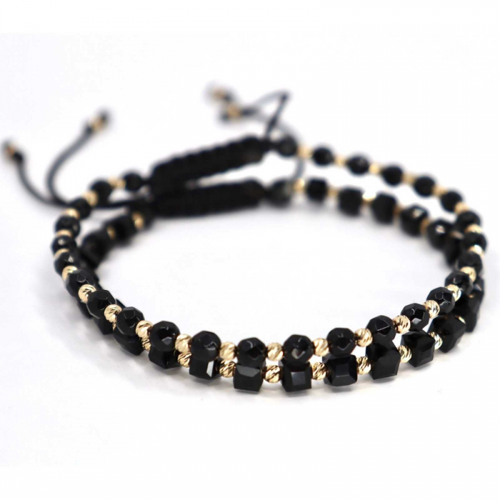 Set brățări cu biluțe de  Aur 14K, pietre Onix si Cristale Sticla cuburi, șnur împletit [2]