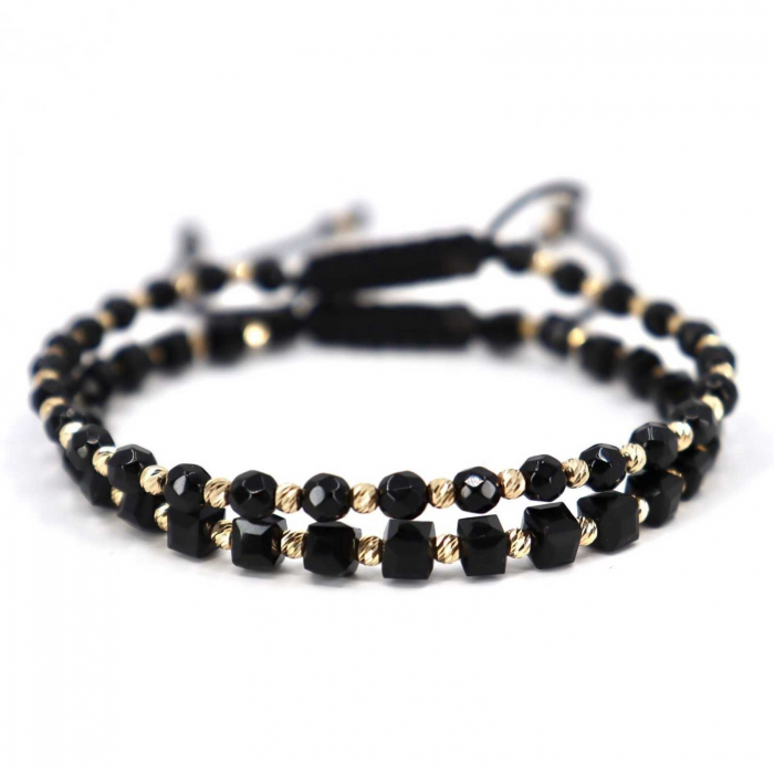 Set brățări cu biluțe de  Aur 14K, pietre Onix si Cristale Sticla cuburi, șnur împletit [3]