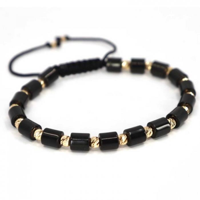 Set brățări cu biluțe de aur 14K, pietre Onix și Hematit, șnur împletit reglabil [4]
