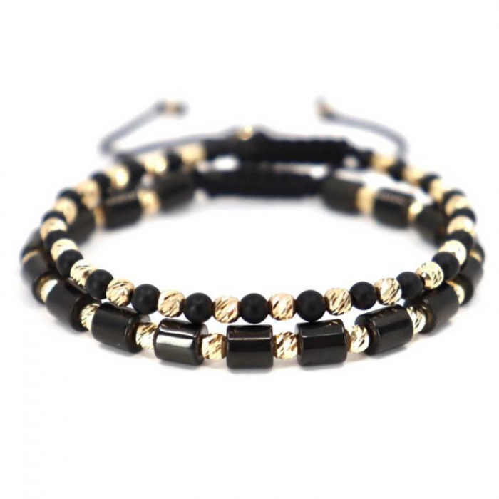 Set brățări cu biluțe de aur 14K, pietre Onix și Hematit, șnur împletit reglabil [5]