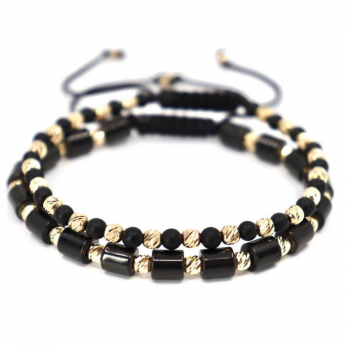Set brățări cu biluțe de aur 14K, pietre Onix și Hematit, șnur împletit reglabil [8]