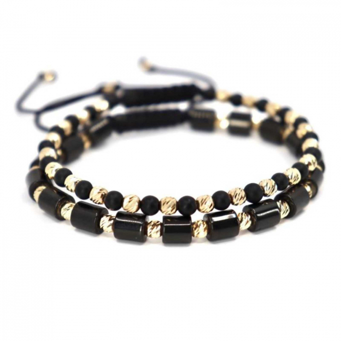 Set brățări cu biluțe de aur 14K, pietre Onix și Hematit, șnur împletit reglabil [6]