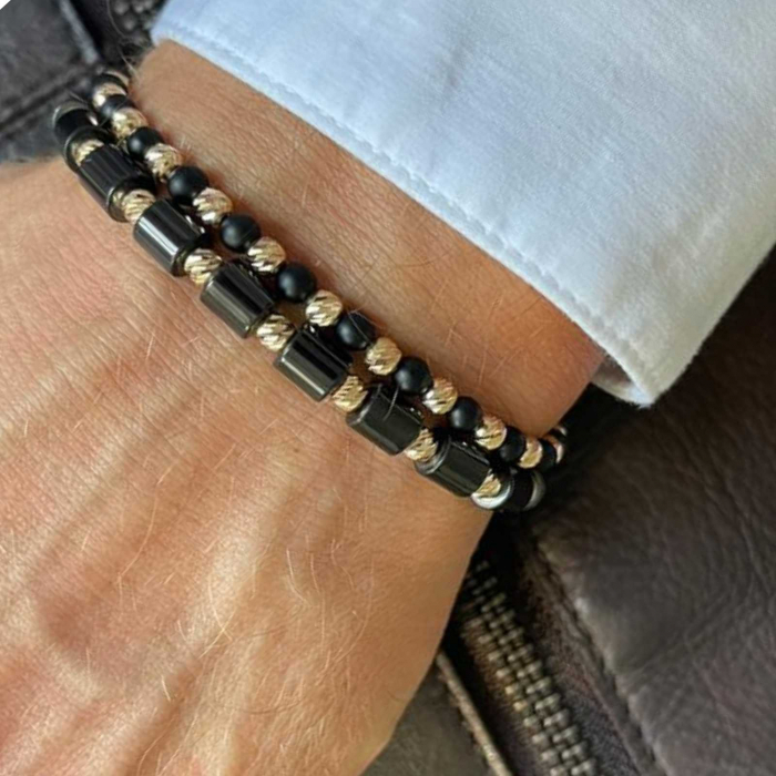 Set brățări cu biluțe de aur 14K, pietre Onix și Hematit, șnur împletit reglabil [2]