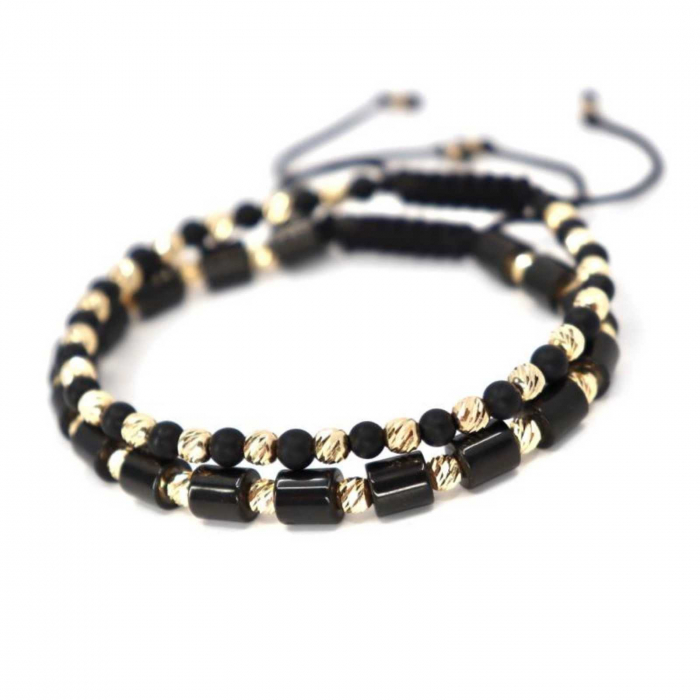 Set brățări cu biluțe de aur 14K, pietre Onix și Hematit, șnur împletit reglabil [7]