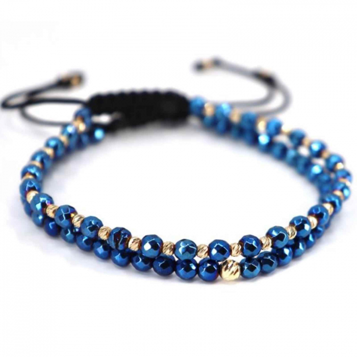 Set brățări cu biluțe de aur 14K, șnur reglabil, Hematit albastru fațetat [3]