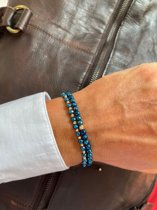 Set brățări cu biluțe de aur 14K, șnur reglabil, Hematit albastru fațetat [2]