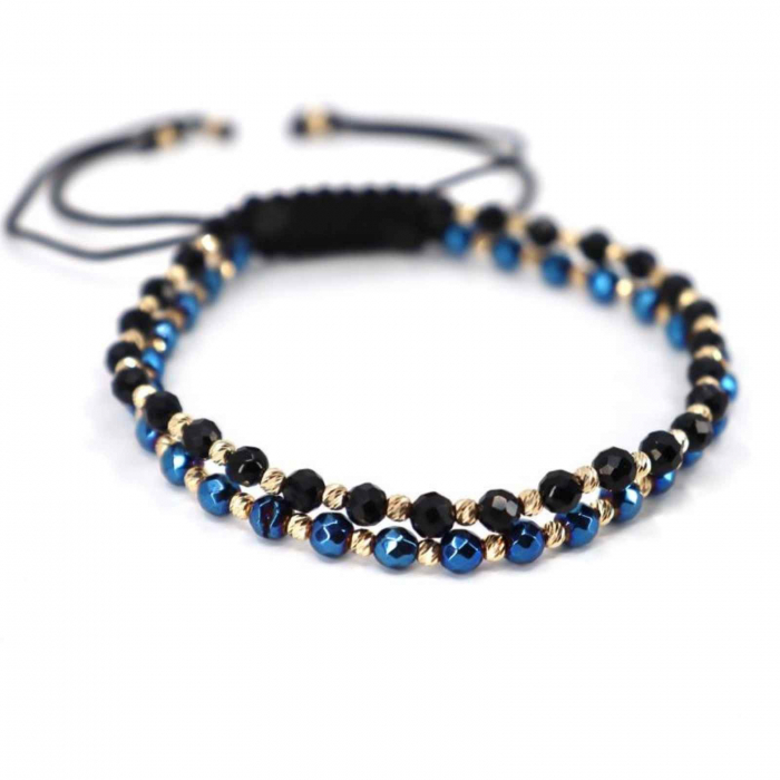 Set brățări cu biluțe de aur 14K, șnur reglabil, Onix & Hematit albastru fațetat [2]