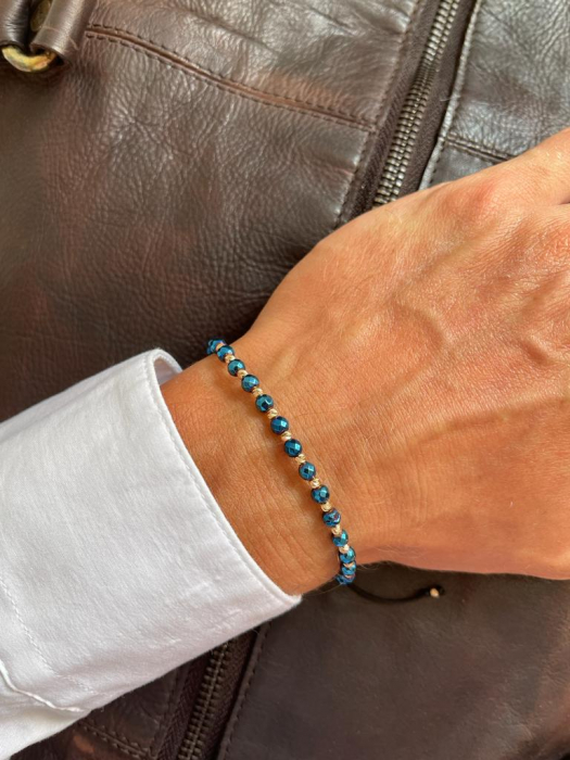 Set brățări cu biluțe de aur 14K, șnur reglabil, Onix & Hematit albastru fațetat [3]