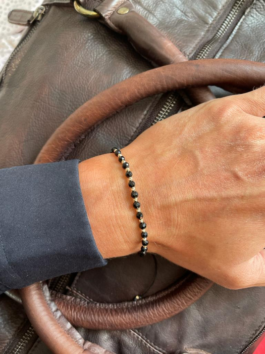 Set brățări cu biluțe de aur 14K, șnur reglabil, Onix & Hematit albastru fațetat [4]