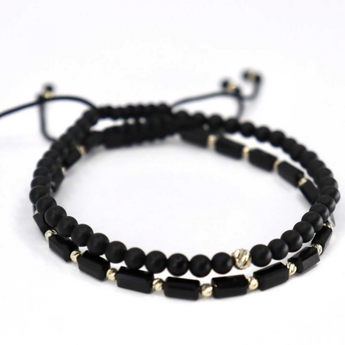 Set Brățări cu Biluțe de Aur Alb 14K, Cristale, Onix și Șnur Ajustabil [3]