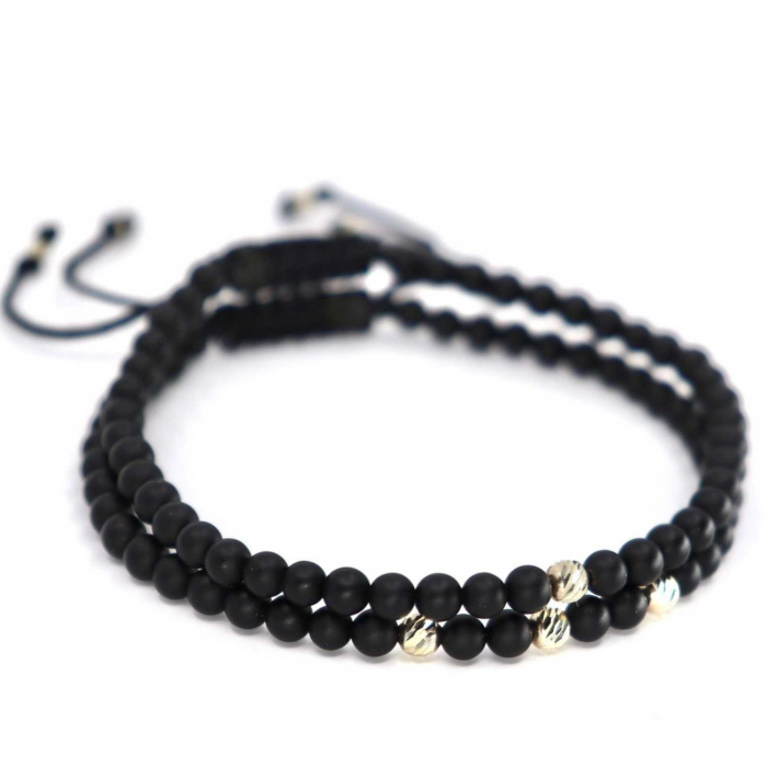 Set Brățări cu Biluțe de Aur Alb 14K, Onix și Șnur Reglabil [4]