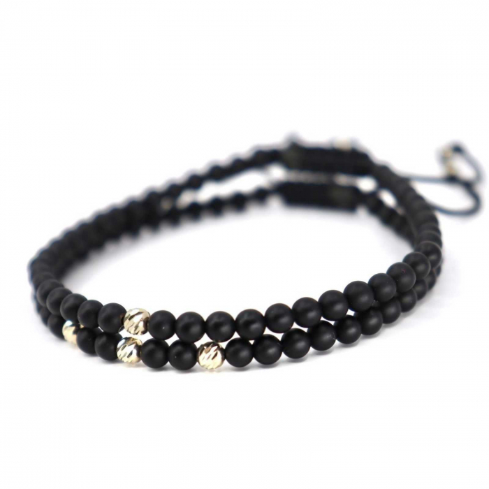 Set Brățări cu Biluțe de Aur Alb 14K, Onix și Șnur Reglabil [5]