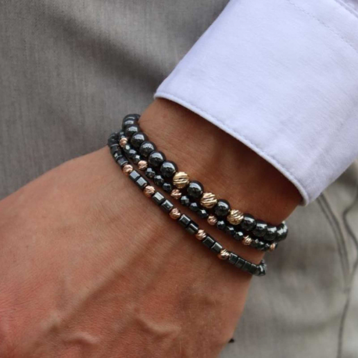 Set bratari cu bilute de  Aur Roz 14K, Hematit si Onix, snur reglabil [3]