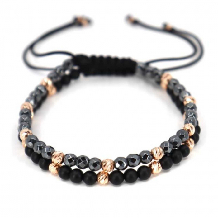 Set bratari cu bilute de  Aur Roz 14K, Hematit si Onix, snur reglabil [5]
