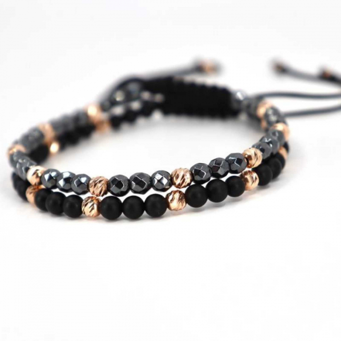 Set bratari cu bilute de  Aur Roz 14K, Hematit si Onix, snur reglabil [4]