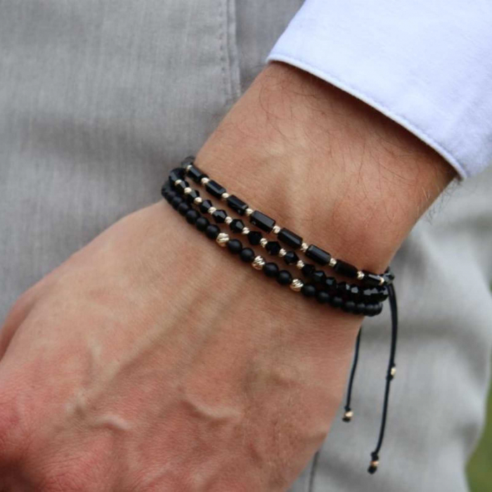 Set bratari cu bilute de  Aur Roz 14K, Hematit si Onix, snur reglabil [2]