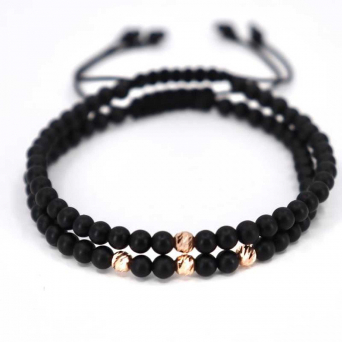 Set bratari cu bilute de  Aur Roz 14K, pietre onix, snur reglabil [2]