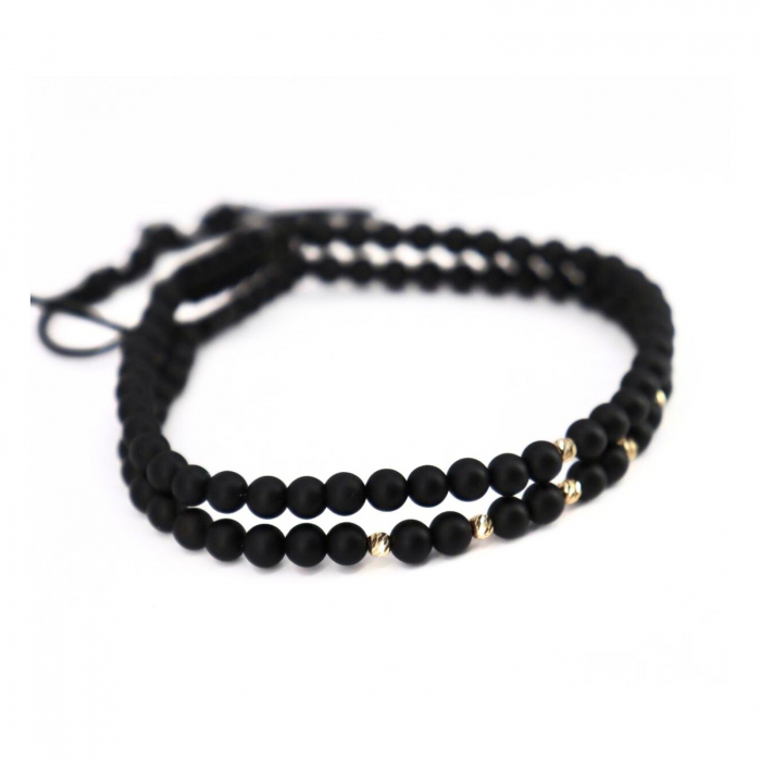 Set Brățări cu Biluțe din Aur 14K, Pietre Semiprețioase Onix 4mm, Șnur Reglabil [2]