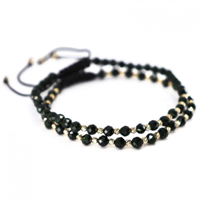Set Brățări cu Șnur Reglabil și Biluțe de Aur 14K, Piatra Soarelui Verde [3]