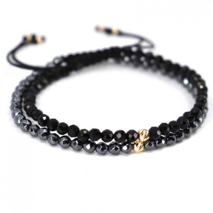 Set brățări cuplu aur cu șnur reglabil și biluțe aur 14K, Onix & Hematit [2]