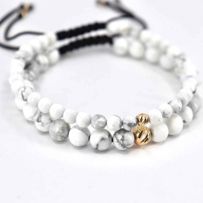 Set brățări cuplu aur, realizate manual cu bilute de  Aur 14K, șnur reglabil, Howlit [3]