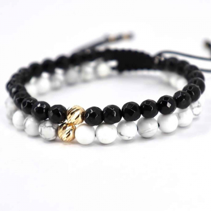 Set brățări cuplu aur, șnur reglabil și bilute de  Aur 14K, Onix & Howlit 6 mm [2]