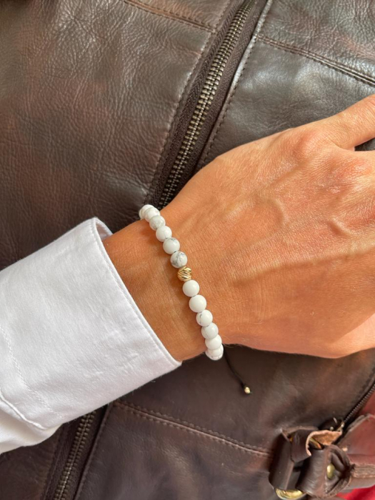 Set brățări cuplu aur, șnur reglabil și bilute de  Aur 14K, Onix & Howlit 6 mm [3]