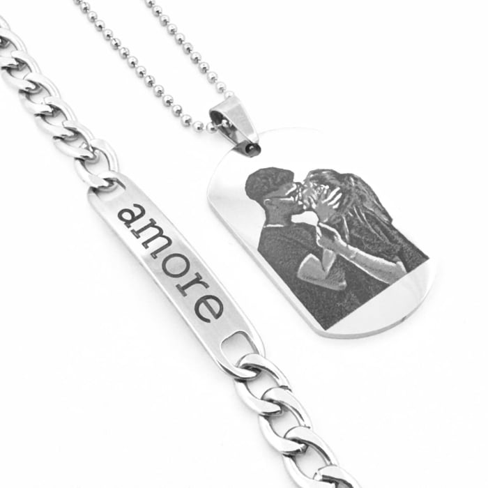 Set Lanț Army și Brățară cu Plăcuță pentru Bărbați, Personalizate Foto și Text, din Oțel Inoxidabil [4]