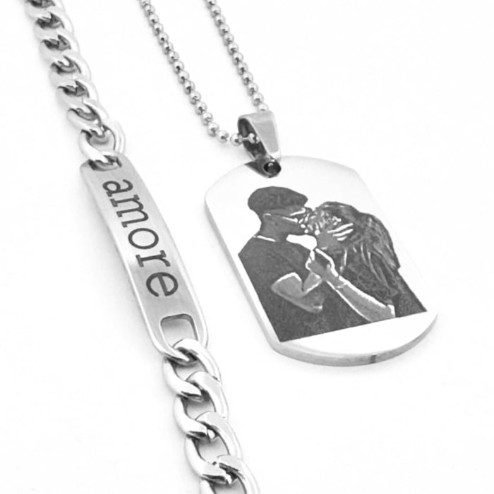 Set Lanț Army și Brățară cu Plăcuță pentru Bărbați, Personalizate Foto și Text, din Oțel Inoxidabil [1]